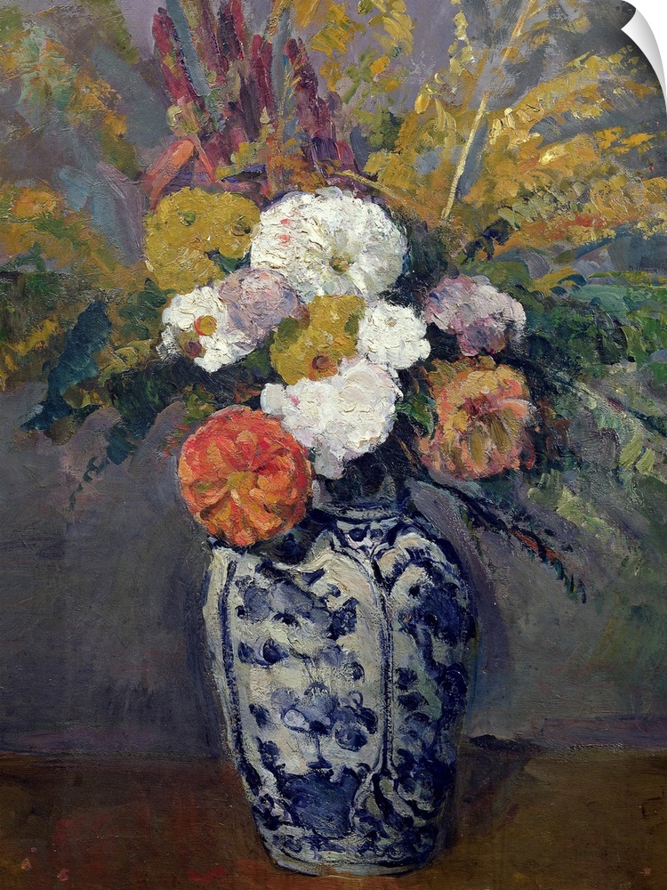 A painting by a classic art master, this is a vertical still life of fresh cut flowers in a blue china vase.