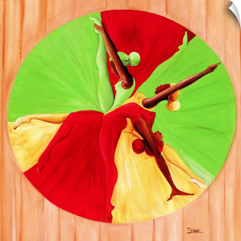 Contemporary painting of three female African-American dancers moving with their dresses forming a circle.