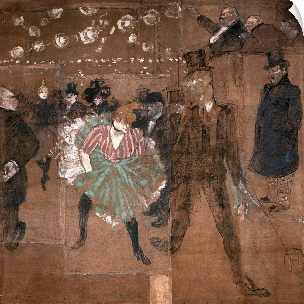 Painting of a dancehall filled with dancers under bright lights with a balcony of people overlooking them from above.