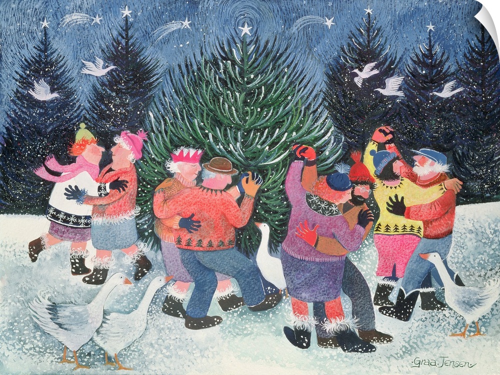 Contemporary painting of couples dancing around a tree in the winter.