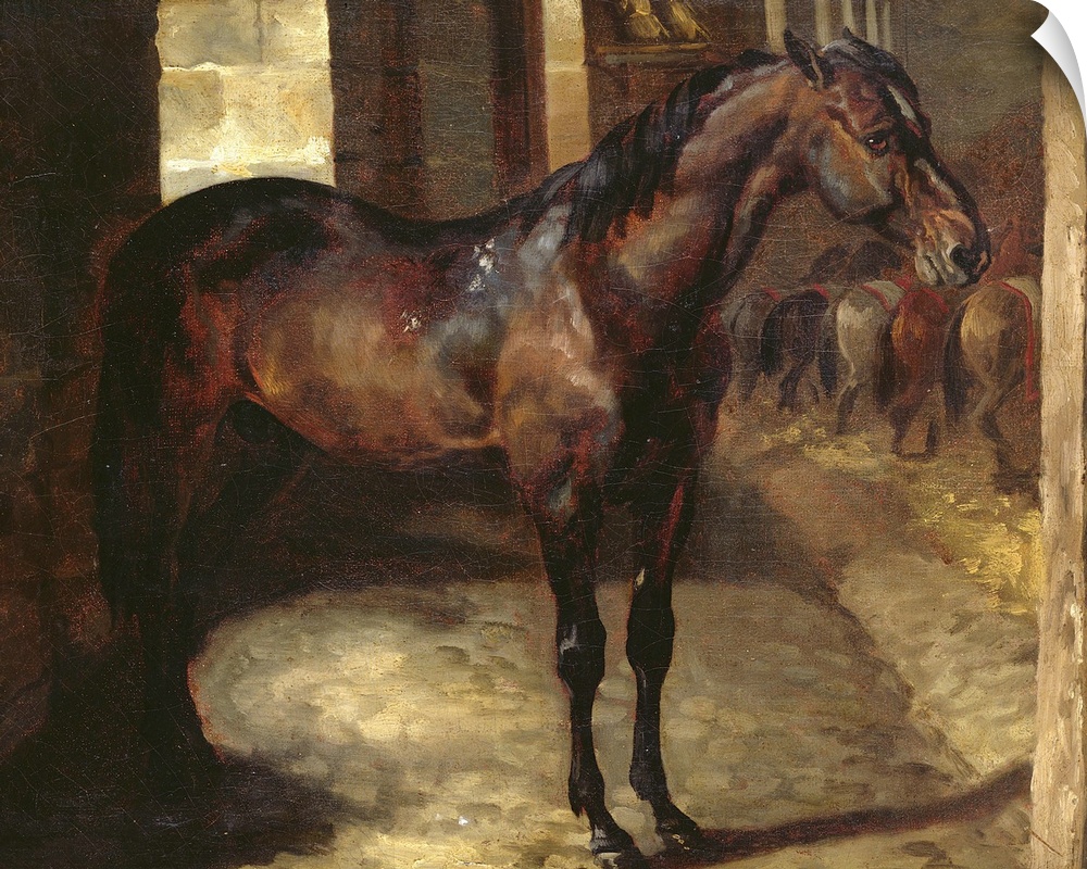 Square, oversized classic painting  of a brown horse standing sideways in a stable.  A line of several horses back ends ca...