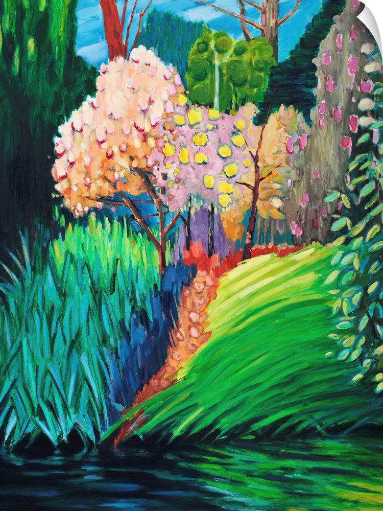 Colorful contemporary painting of an outdoor scene.