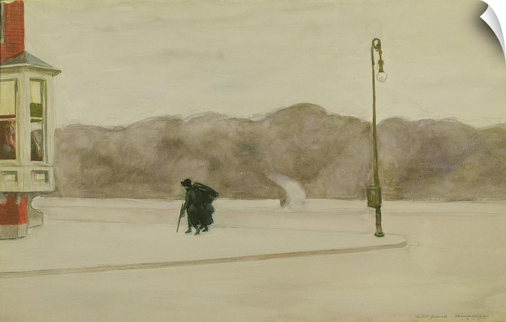 Painting of a woman in black walking along the side of the street mourning after a funeral.