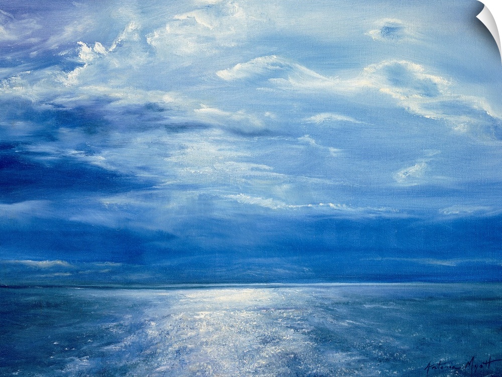 Big monochromatic contemporary art shows the glow of moonlight breaking through clouds and reflecting over a vast ocean sp...