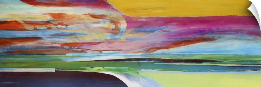 Contemporary colorful abstract painting resembling a landscape.