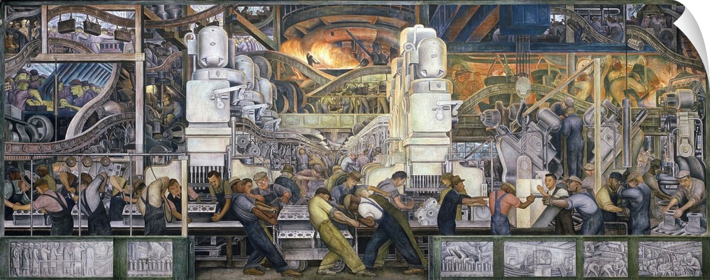Landscape classic artwork on a large canvas of the North wall of the Ford Motor Company, featuring many men working on the...