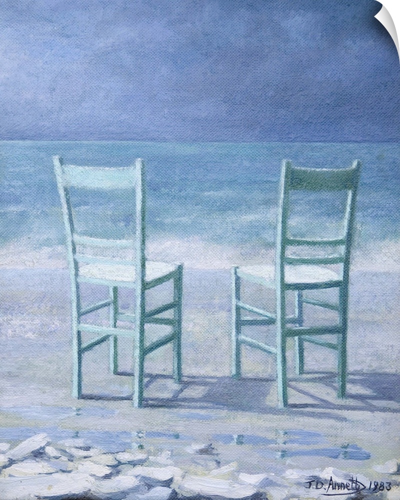 Contemporary painting of two table chairs sitting on a beach facing the sea.