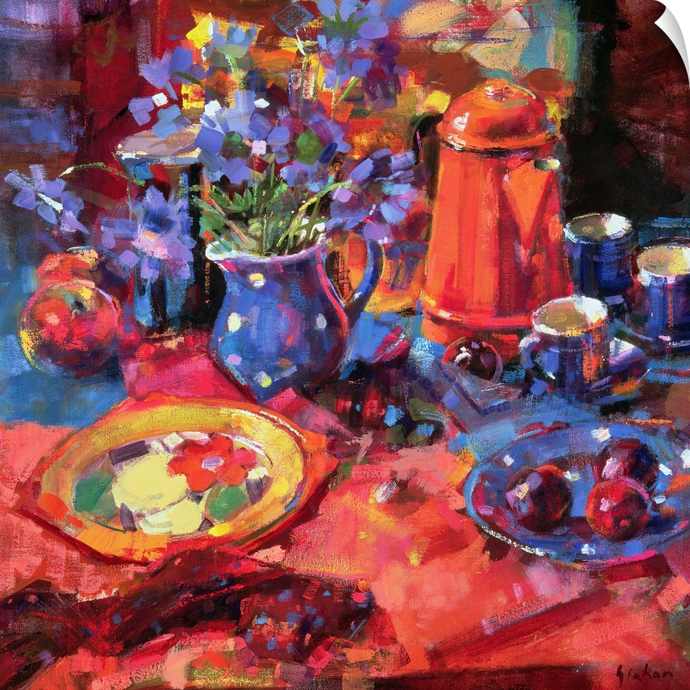 Painting of still life.  There is a colorful floral plate, a plate of plums, a vase of flowers, tea cups, a tea kettle, an...