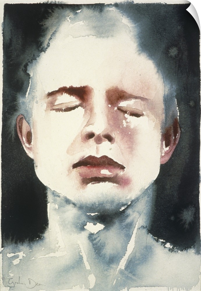 Contemporary watercolor painting of a person with closed eyes is partially submerged in dark water.