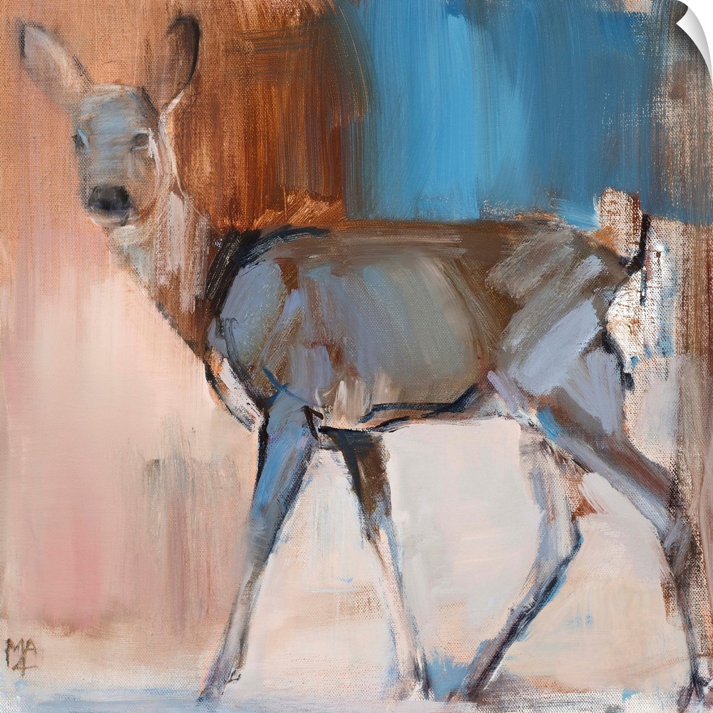 Contemporary artwork of a deer against a earth toned background.