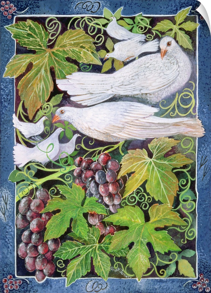 Contemporary painting of several white doves perched on grapevines.