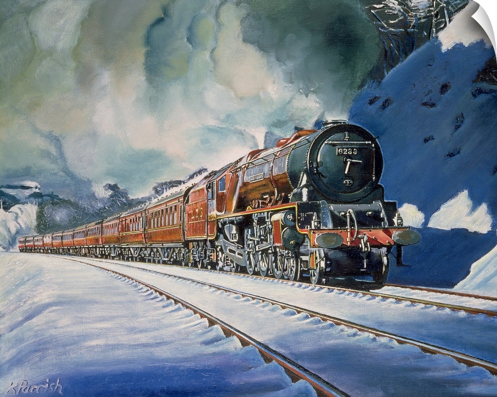 This is a Giclee print of an oil painting that shows a locomotive with several passenger cars traveling through a wintery ...