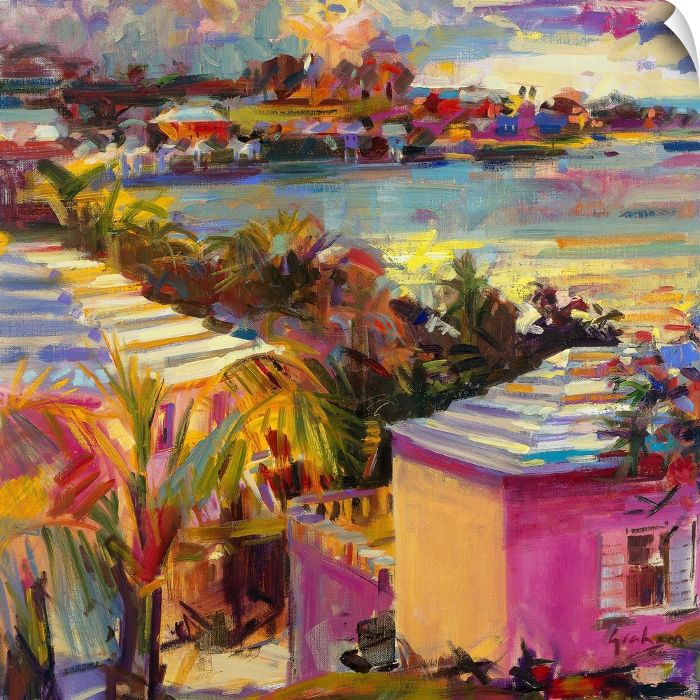 Big, square painting of beach homes surrounded by palm trees, along the coastline in Bermuda.  Painted with thick, harsh b...