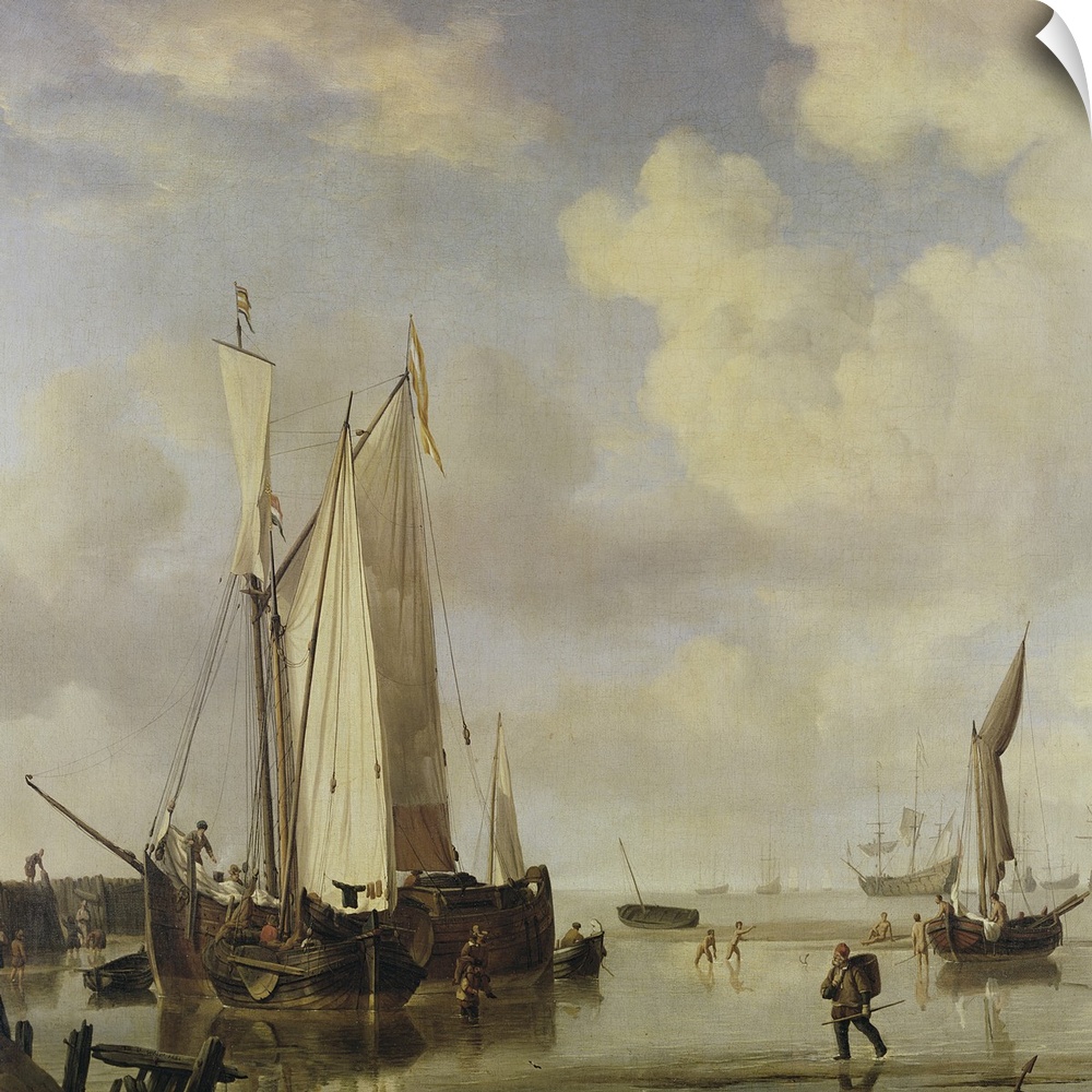 XCF286408 Dutch Vessels Inshore and Men Bathing, 1661 (oil on canvas)  by Velde, Willem van de, the Younger (1633-1707); 6...