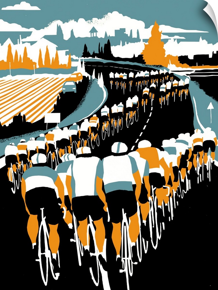 Contemporary illustration of a cycling race through a countryside.