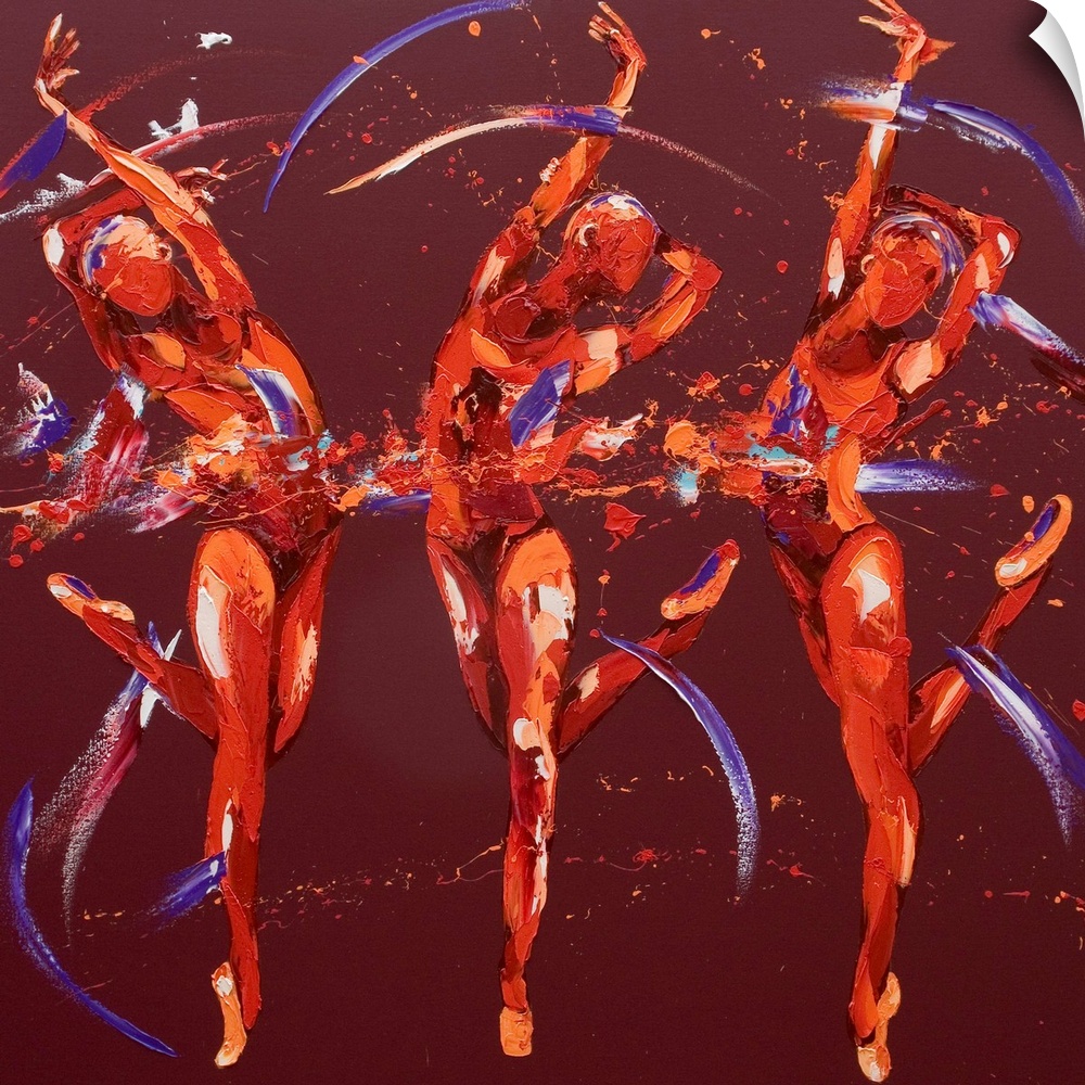 Contemporary painting using deep warm colors to create three women dancing against a dark red background.