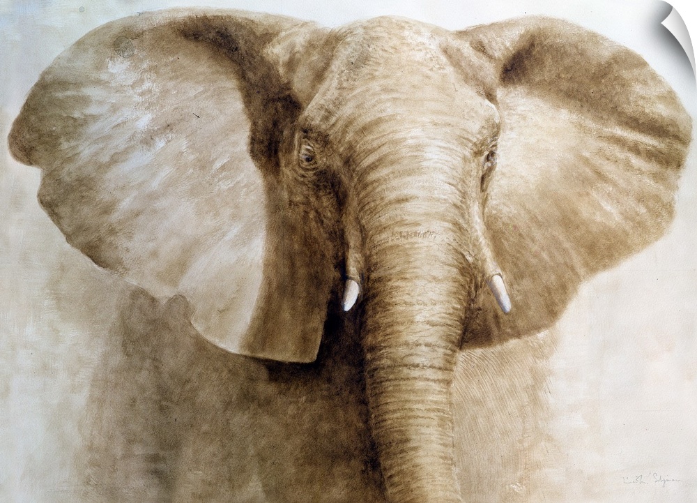Contemporary painting of animal with large ears and trunk with short ivory tusks.