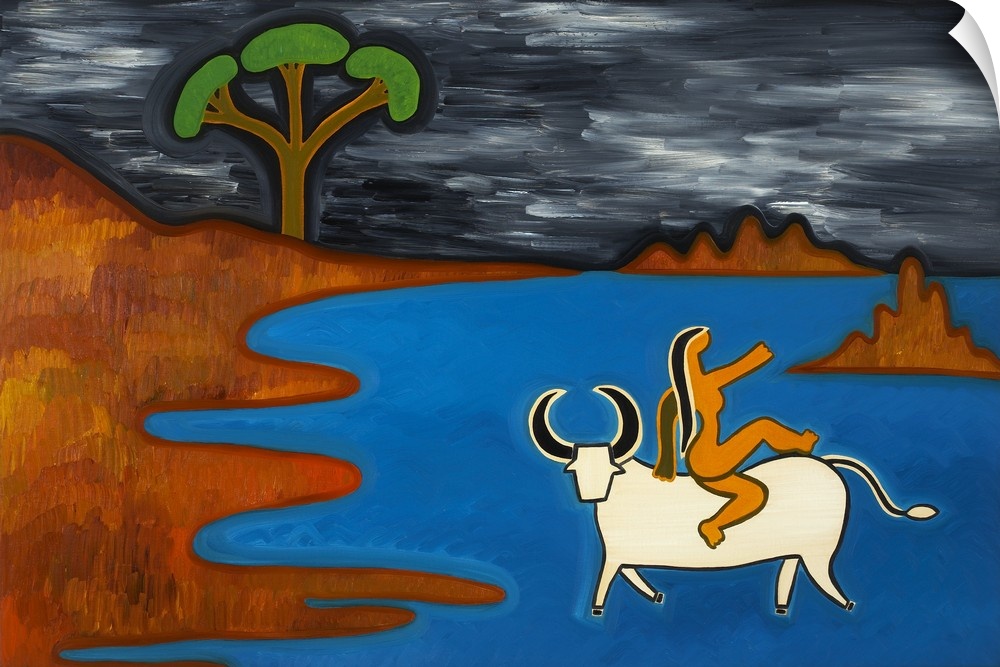 Contemporary painting of a woman riding a bull in the ocean, the myth of Europa.