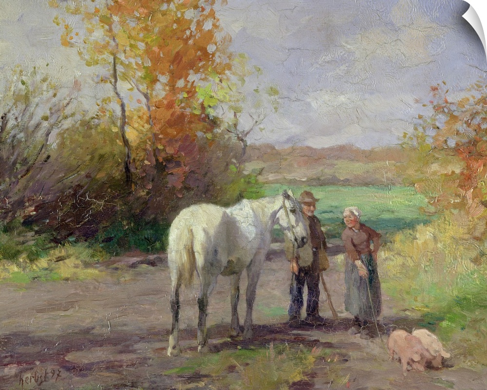Oil painting print of a man, woman and horse standing in a path looking at two pigs with trees and a field in the distance.