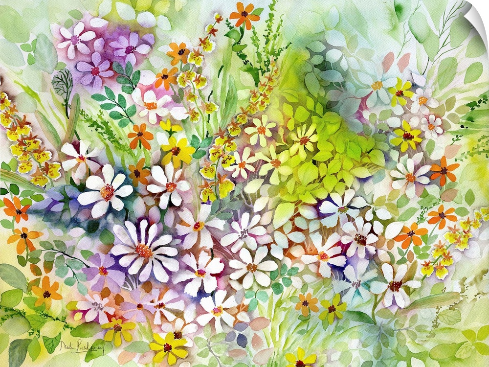 Contemporary watercolor painting of white daisies and green leaves.
