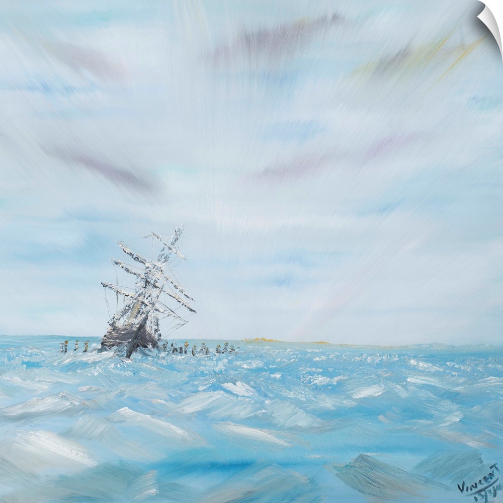 Contemporary painting of a ship out to sea on crystal blue waters.