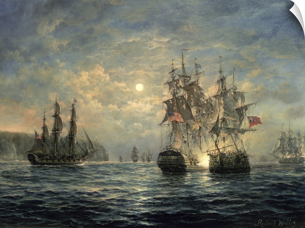 Large wooden ships sail in the rough ocean water under a cloud filled sky with the sun poking through.