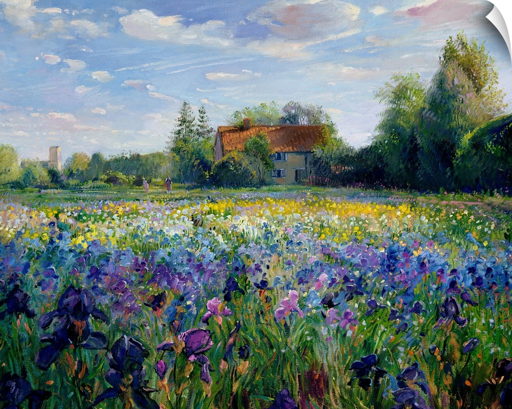 Painting of house surrounded by trees with forest in the background and colorful flower meadow in the foreground.