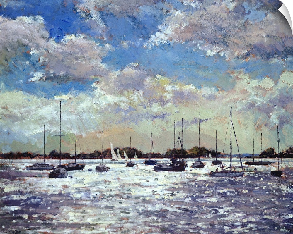 Contemporary art painting of sailboats on the water as the late evening sun shines down between the clouds.