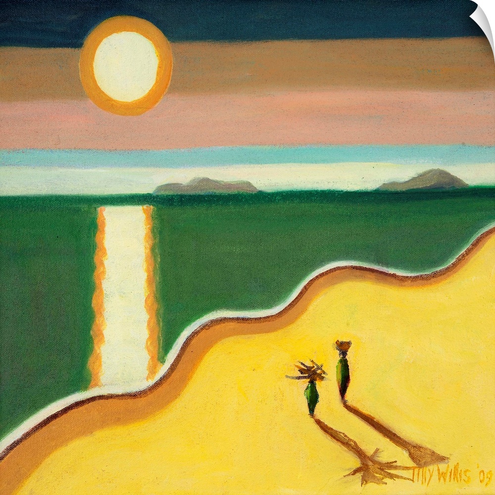 Contemporary artwork of two figures on the beach with the sun reflected in the ocean.