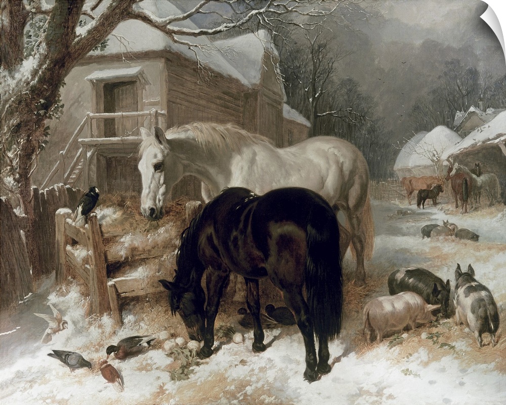 Landscape artwork on a large wall hanging of a snow covered farmyard with several small buildings, and various animals gra...
