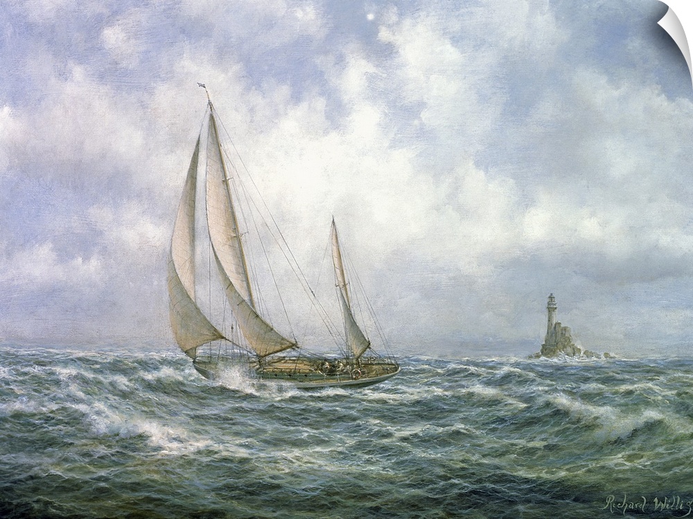 A large artwork piece of a sailboat in rough waters with a cloudy sky behind it and a lighthouse in the distance.