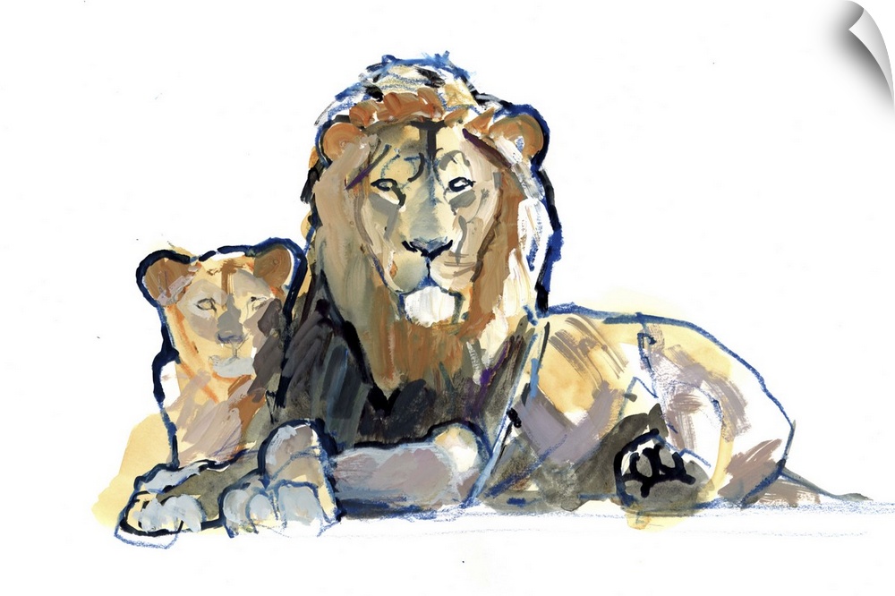 Contemporary painting of a lion and his cub with indigo outlines on a white background.