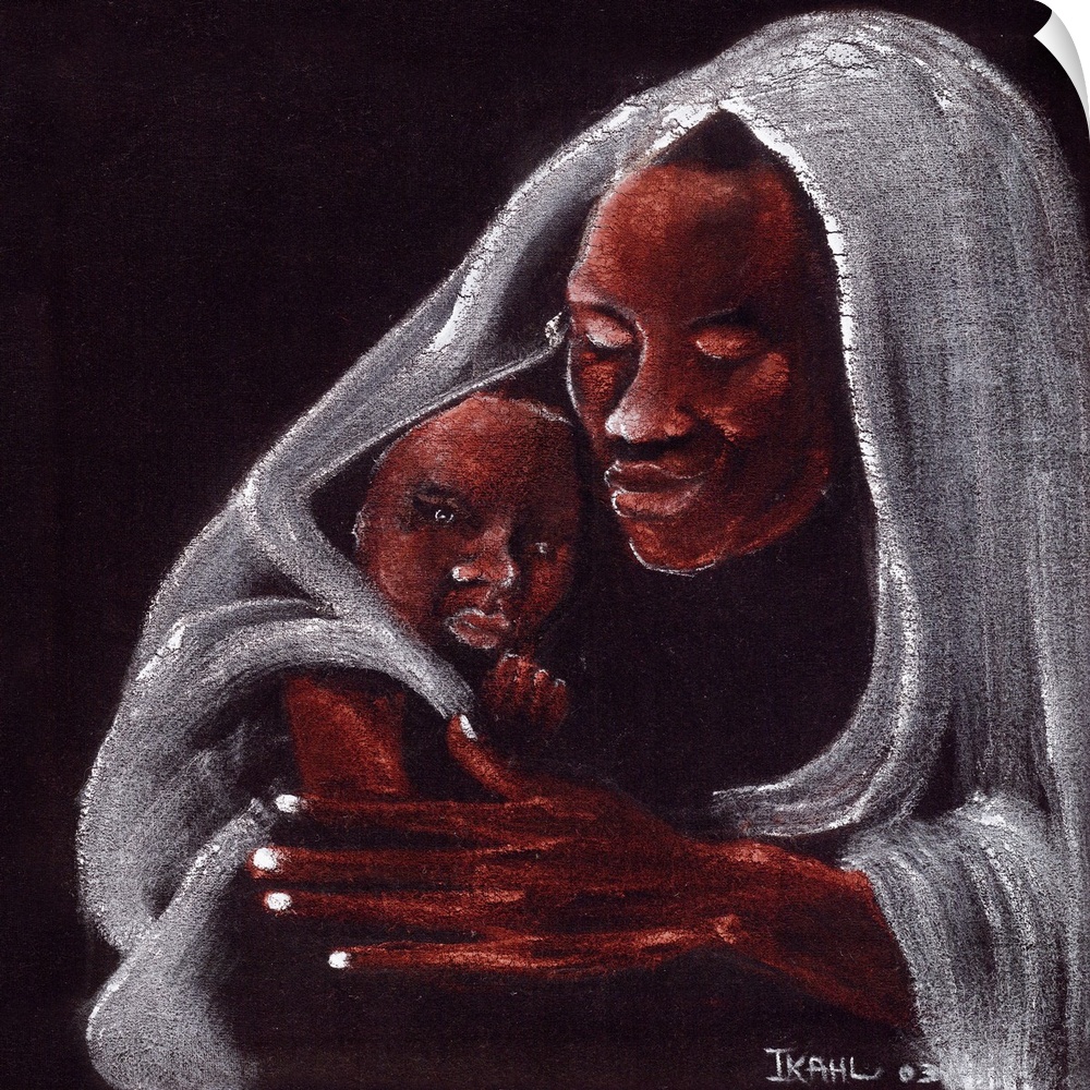 Oil painting of a father and son huddled together under a blanket.