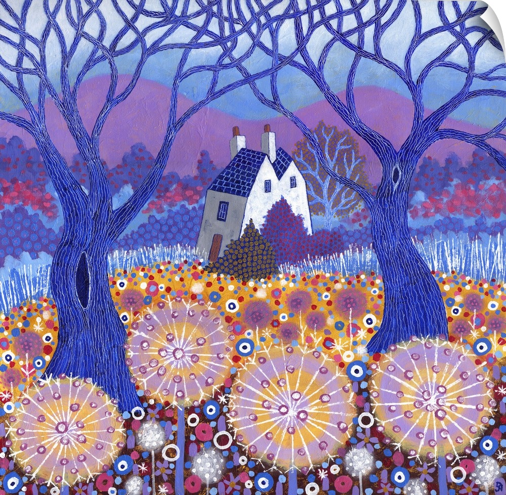 Contemporary painting using bright colors and intricate details to create a white house in a flowering clearing in the cou...