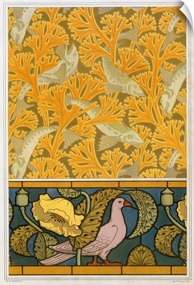 Originally a colour lithograph. Designs For Wallpaper And Stained Glass: "Fish And Seaweed", "Pigeon And Poppies", From 'L...