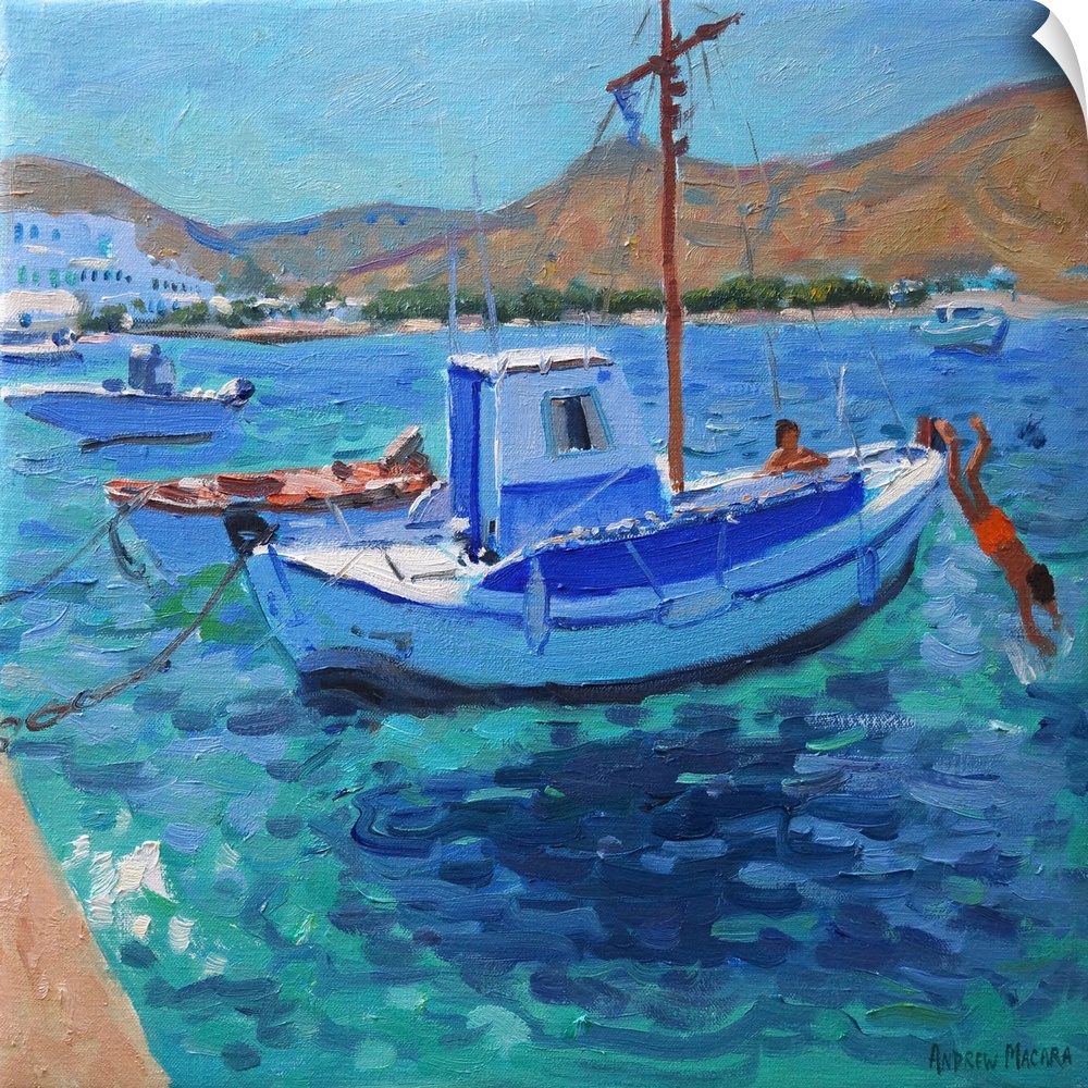 Contemporary painting of fishing boats docked in the harbor.