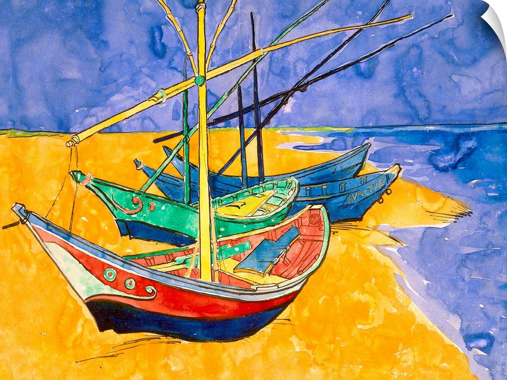 This Impressionist painting uses flat colors and line art show sail boats pulled up on the shore.