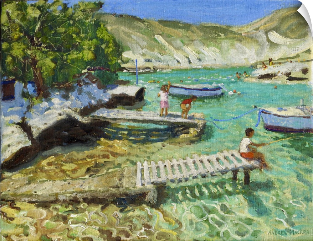 Fishing from the jetty, Milos, Greece, 2018-2019. Originally oil on canvas.