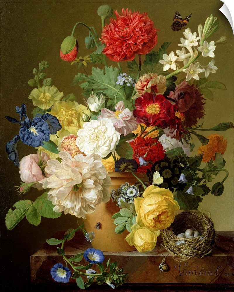 A nineteenth century still life painting of enormous floral blooms of many varieties, a birdos nest and butterfly.