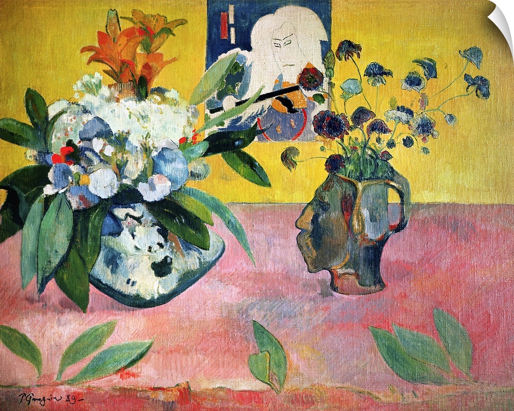 XIR66159 Flowers and a Japanese Print, 1889 (oil on canvas)  by Gauguin, Paul (1848-1903); 85x115 cm; Private Collection; ...