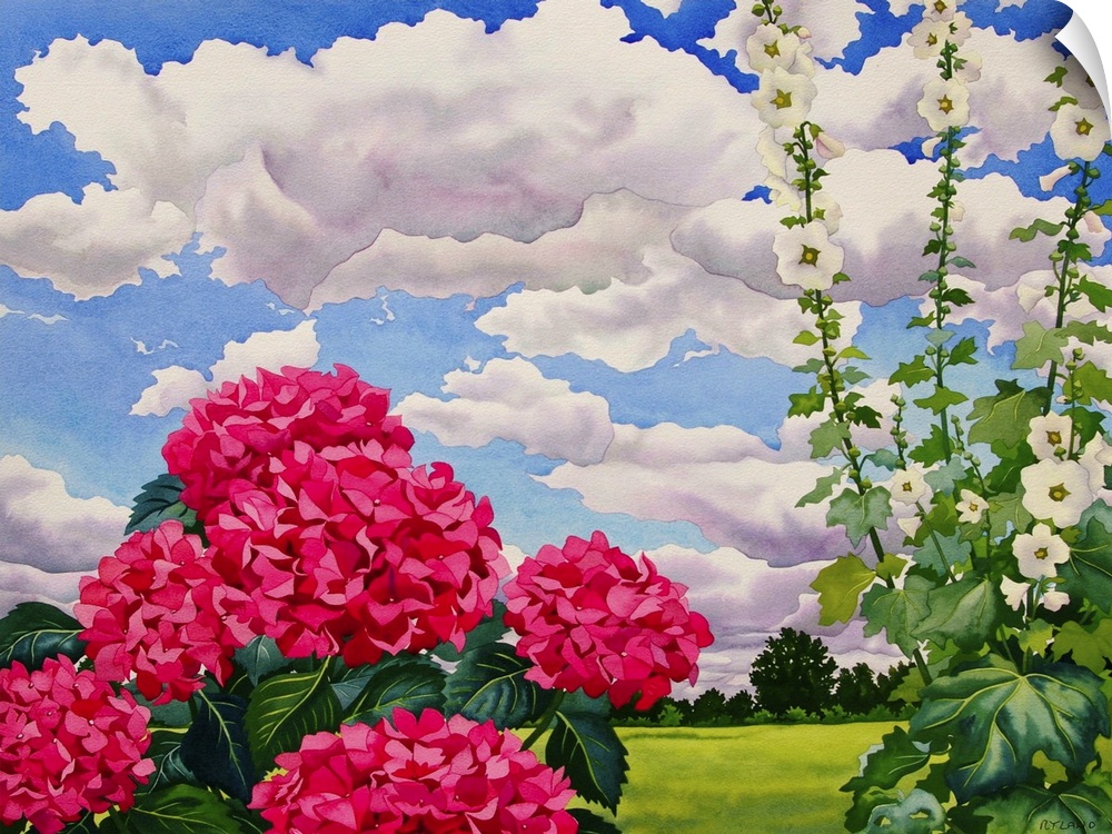 Contemporary painting of hollyhocks in a field under a cloudy sky.