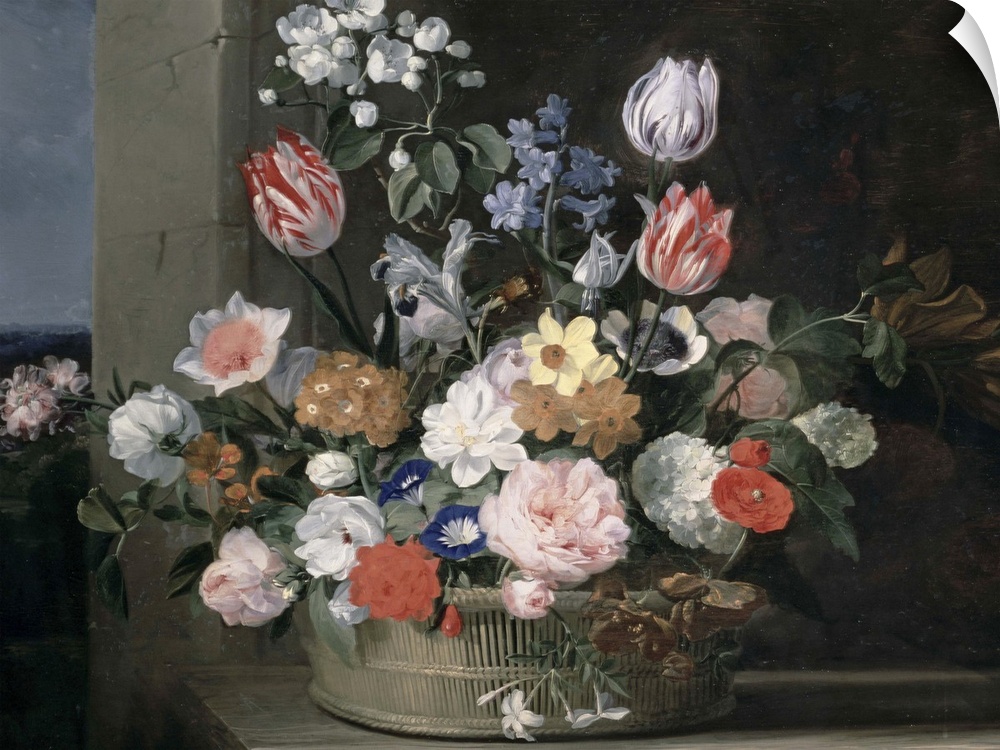 Classical painting on canvas of a flower arrangement in a basket.