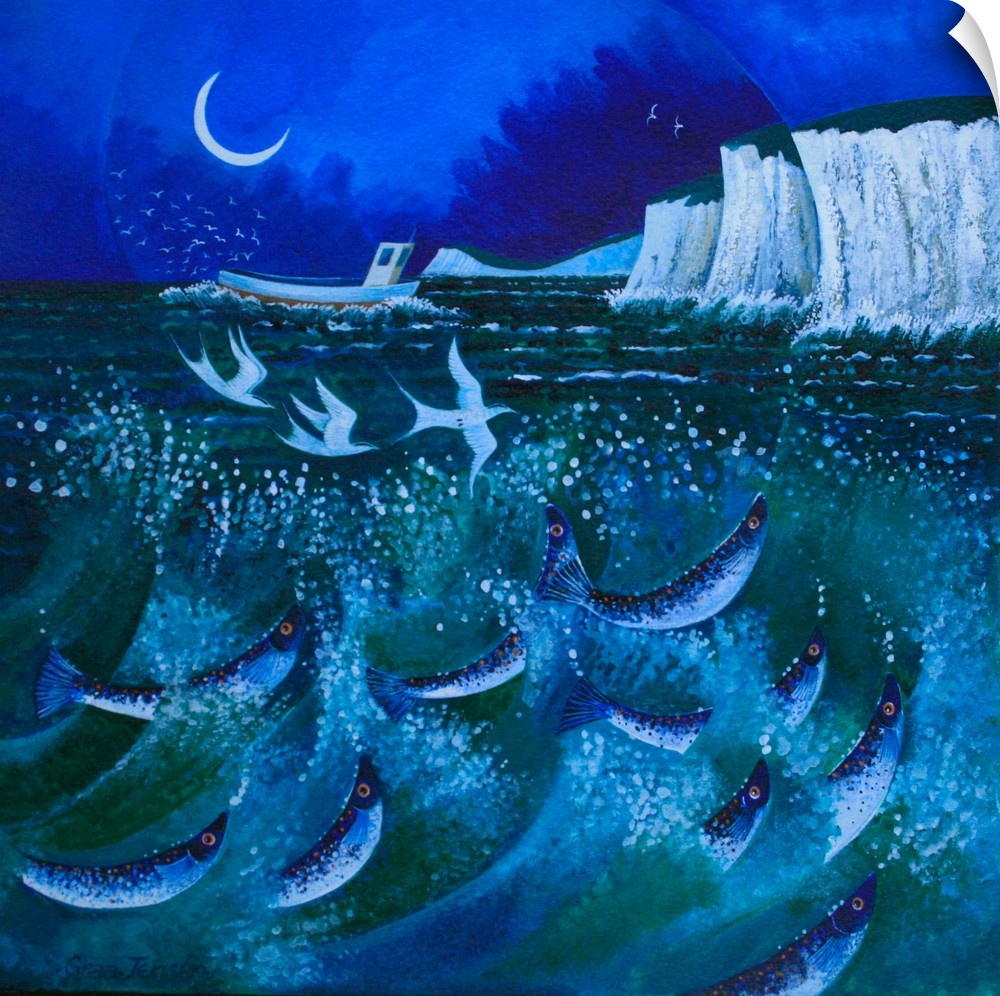 Contemporary painting of fish leaping out of the ocean near sea cliffs at night.