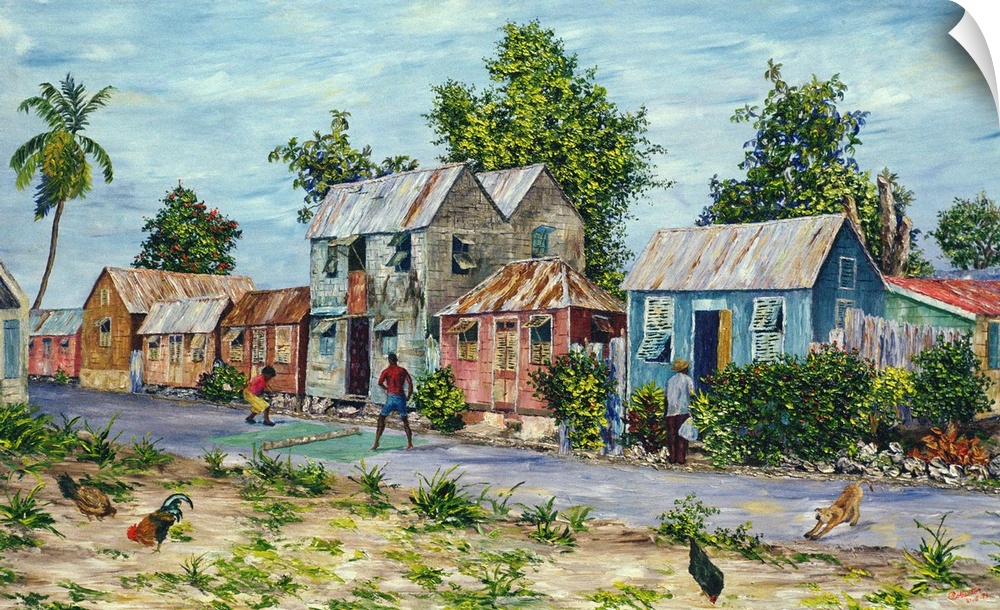 Big oil painting on canvas of a village with kids playing in the street in front of brightly colored little houses.