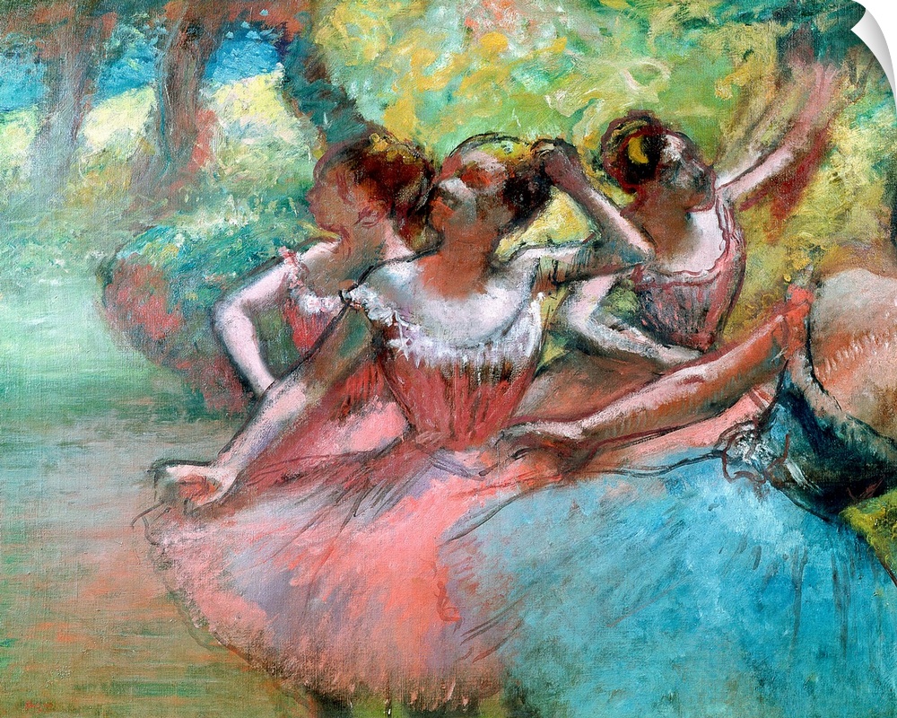 This drawing from an Impressionist master shows dancers in costume rehearsing in front of the scenery.