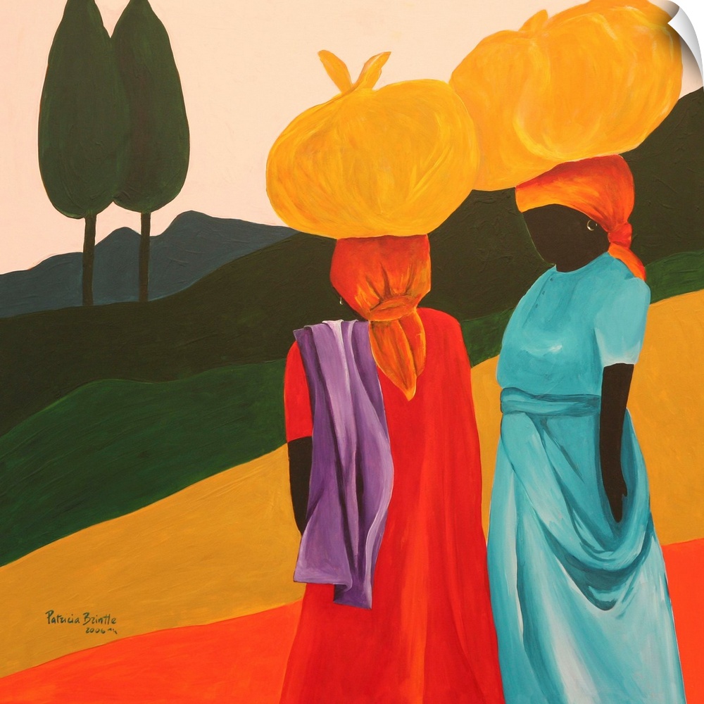 Contemporary painting of Haitian women with tied bundles on their heads.