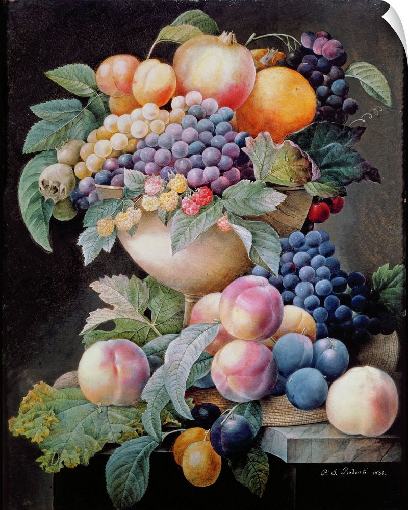 This is a still life painting of grapes, peaches, plums, and pomegranates in this 19th century artwork.