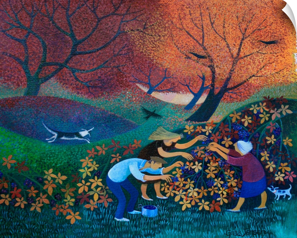 Contemporary painting of people picking berries in the fall.