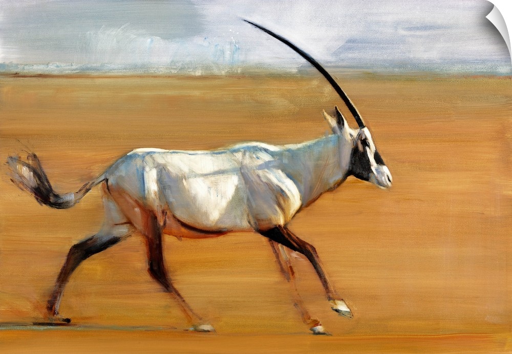 Contemporary wildlife painting of an Oryx running in the desert.