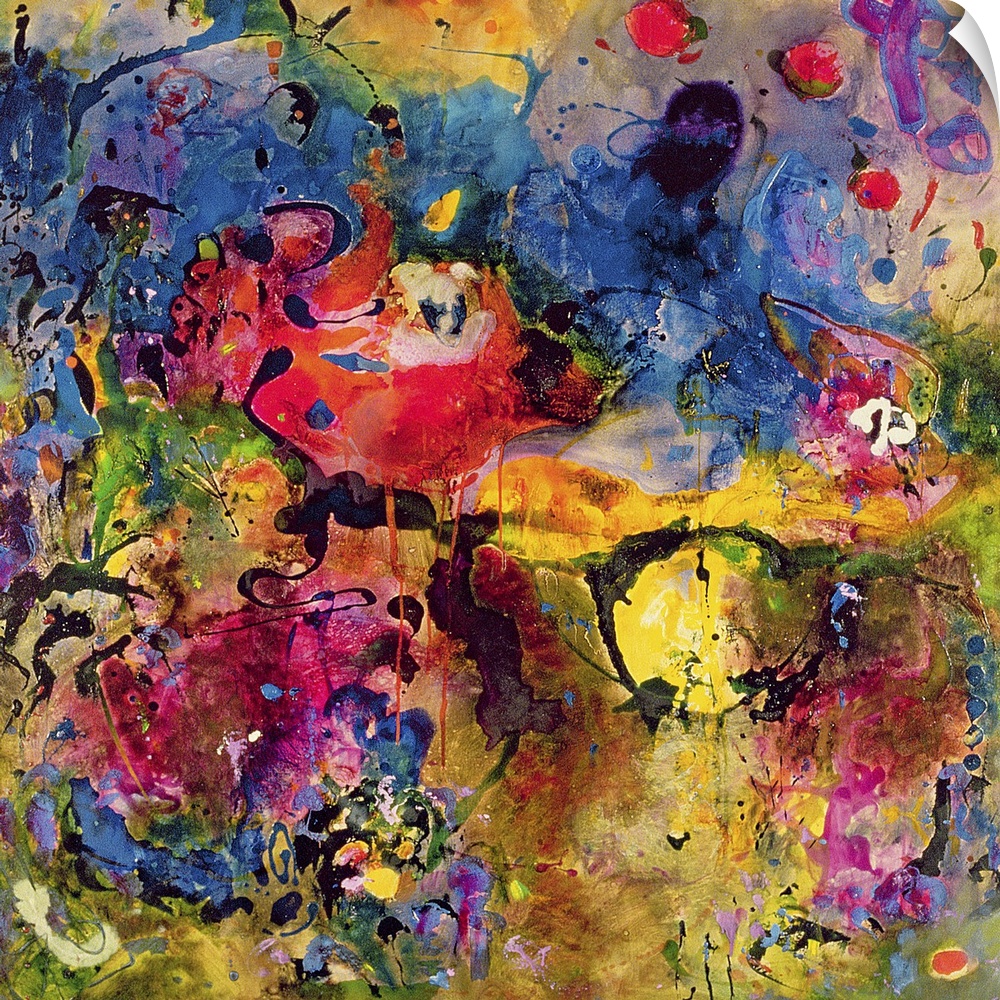Contemporary abstract painting in bright colors with lots of movement.
